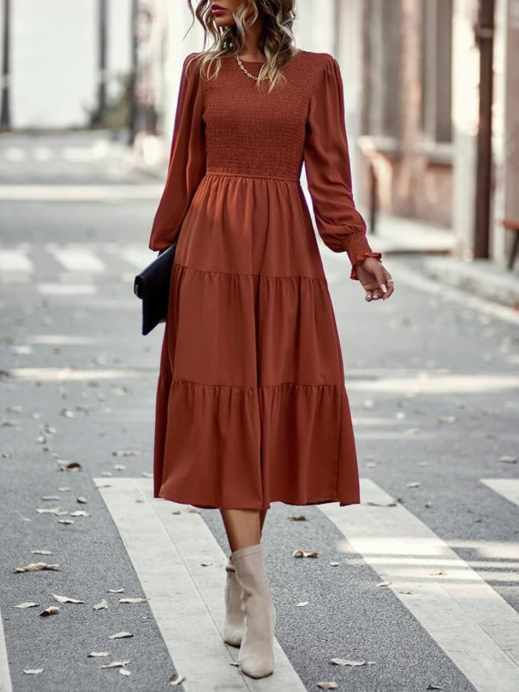 Simona | Midi-jurk voor dames met lange mouwen en ronde hals – elegante en flatterende stijl