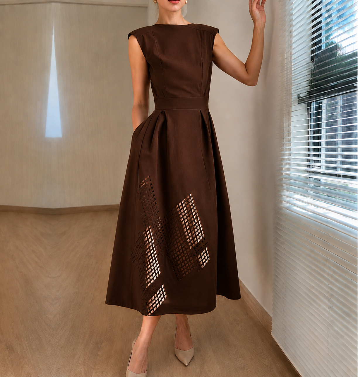 Nanda | Dames Mouwloze Jurk – Halflang – Relaxte Pasvorm – Luxe Ademend Materiaal