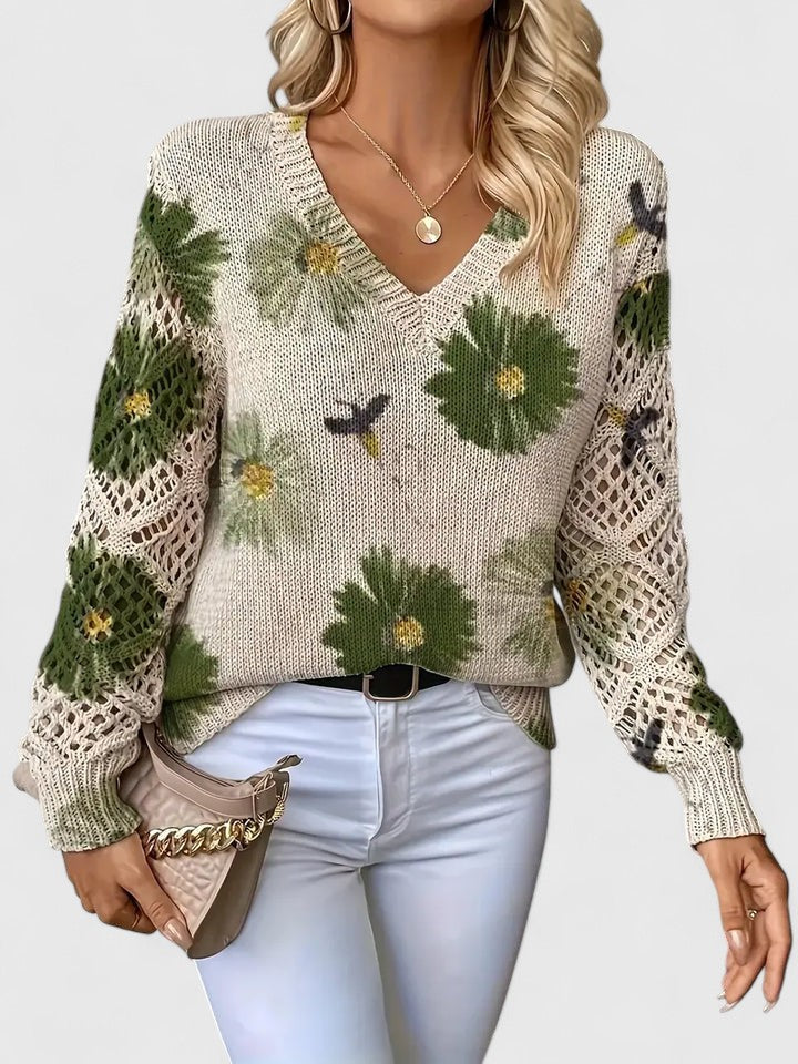 Trui Dames | Luchtige Gebreide Trui met Bloemenprint
