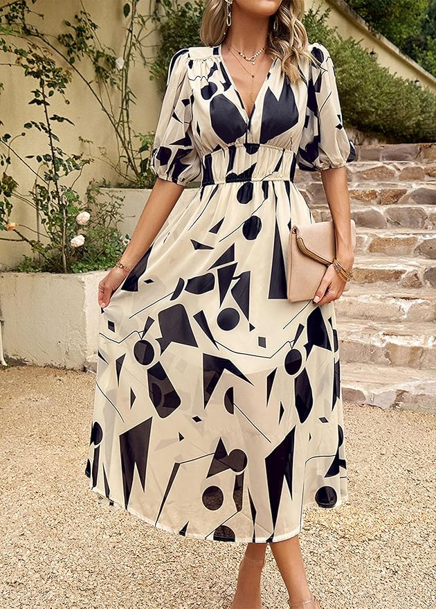 Maxi-Jurk met Abstracte Print | Damesjurk met Pofmouwen en Elastische Taille