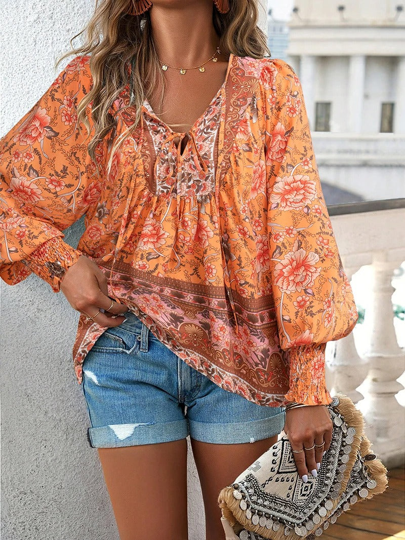 Dames blouse met bloemenprint en boho-stijl – luchtig katoen en verstelbare pasvorm voor zomerse casual outfits