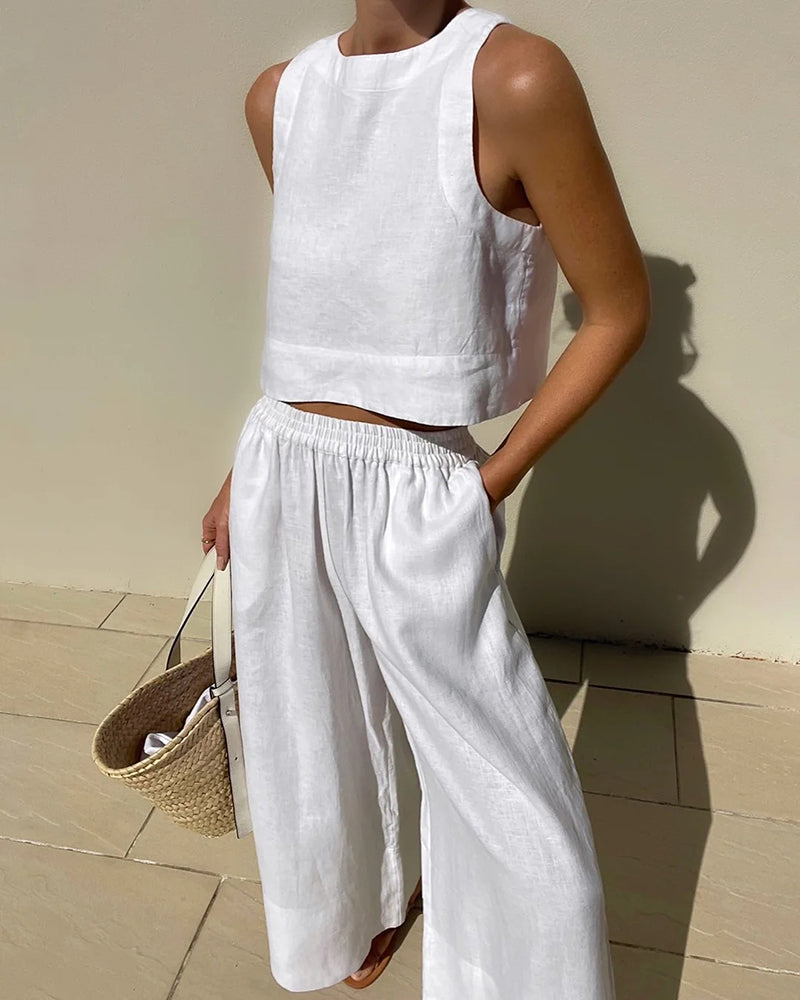 Alieke | Dames Set van Katoen-Linnen met Crop Top en High-Waist Broek – Luchtig & Tijdloos voor de Zomer