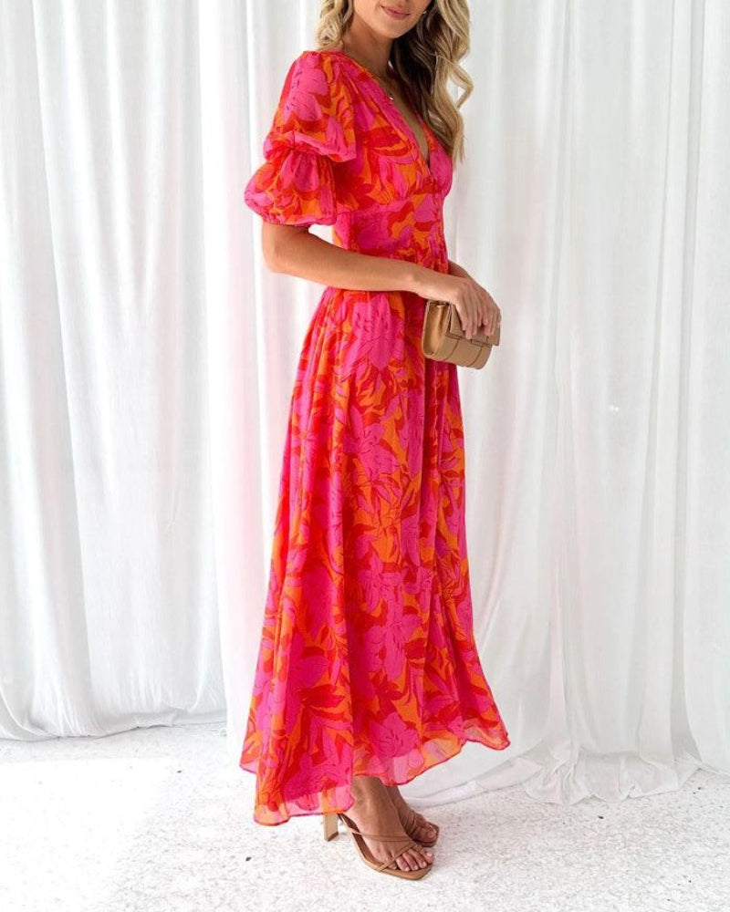 Berendina | Dames Jurk met V-Hals en Pofmouwen – Luchtige Flowy Stijl voor Zomer Elegantie