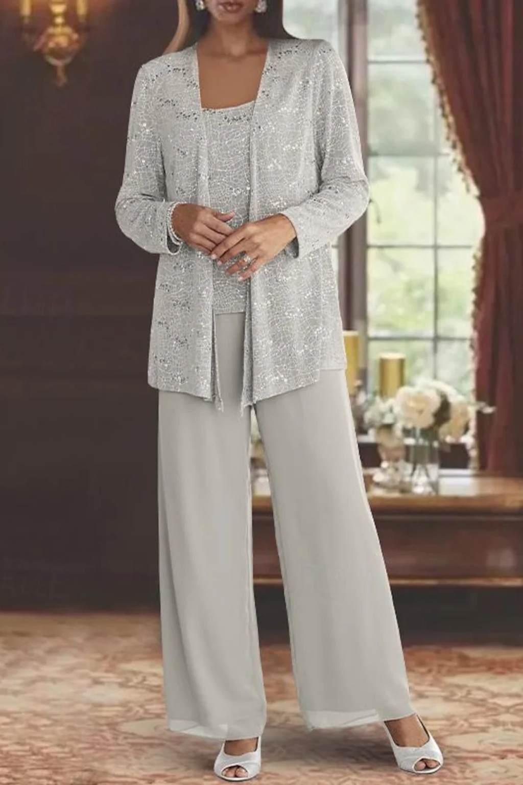 Dames Driedelig Pak met Pailletten en Kant - Wide Leg Broek Gala Outfit