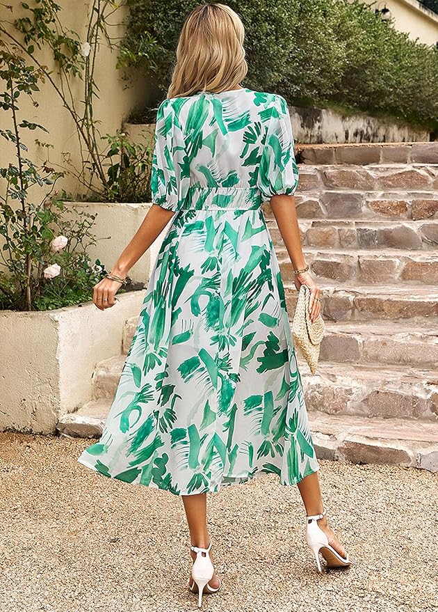 Maxi-Jurk met Abstracte Print | Damesjurk met Pofmouwen en Elastische Taille