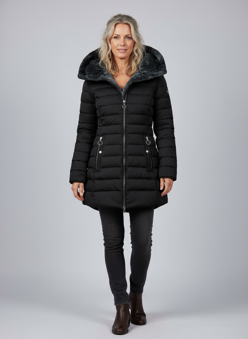 Dames Warme Lange Jas – Zwart, Gewatteerd, Ideaal voor Koude Seizoenen en Casual Outfits