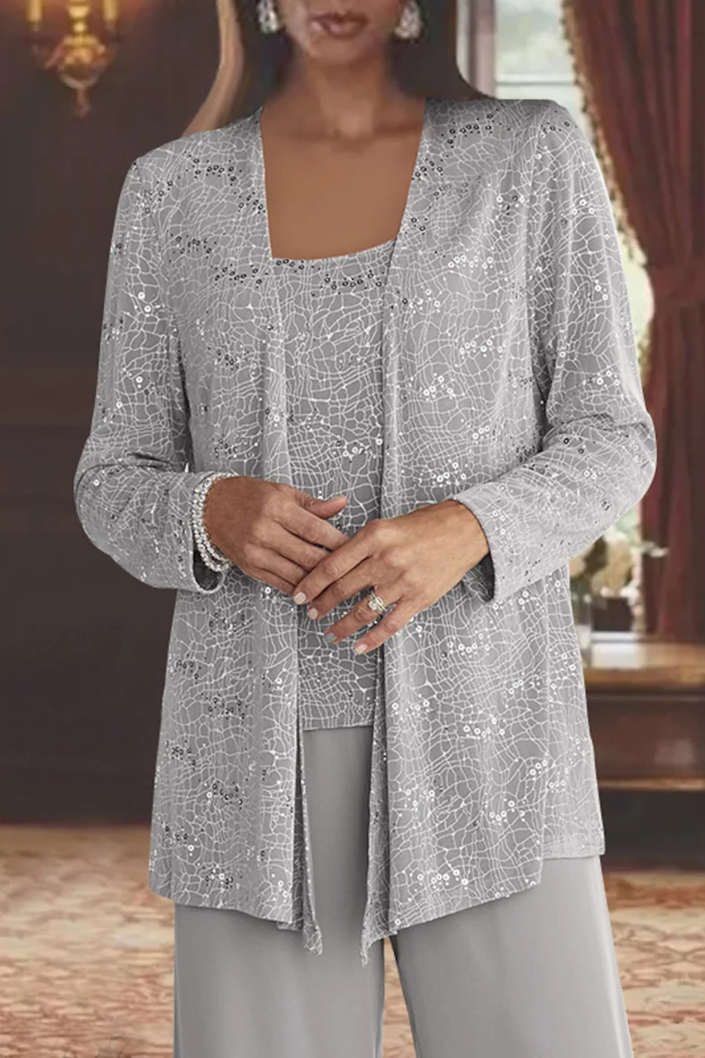 Dames Driedelig Pak met Pailletten en Kant - Wide Leg Broek Gala Outfit