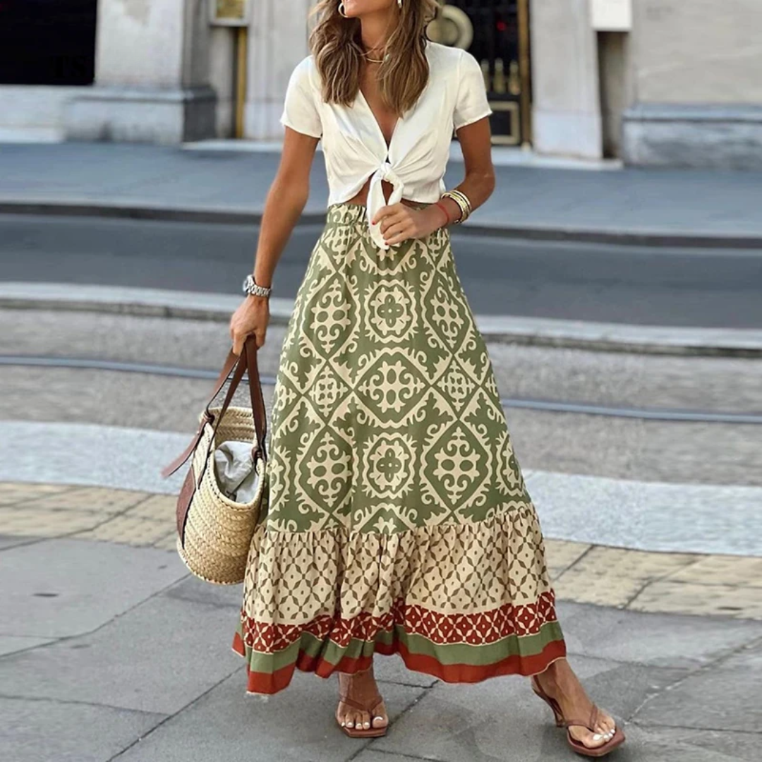 Juliette | Dames maxirok – A-lijn met geometrisch patroon en rucheszoom van comfortabele vezelmix