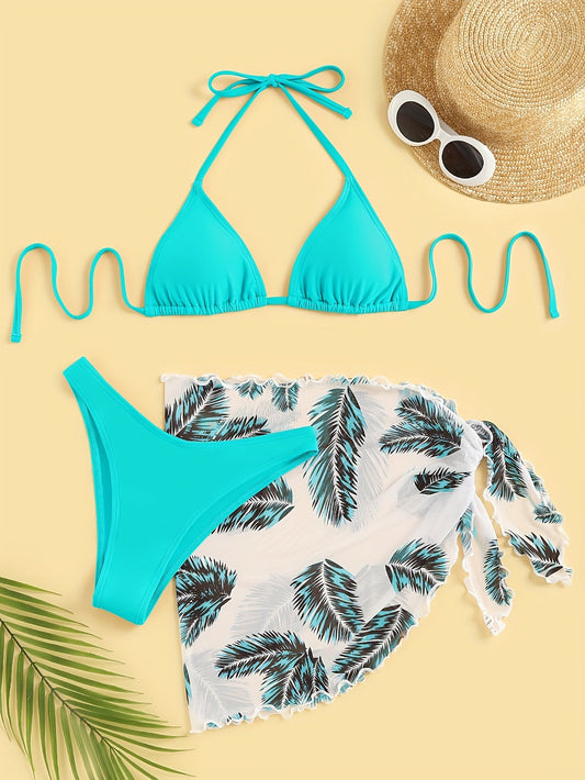 Chique Bikini Set met Bladprint en Doorschijnende Cover-Up Rok