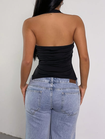 Alissa | Zwarte Halter Top met Open Rug en Zijsplit voor Zomer