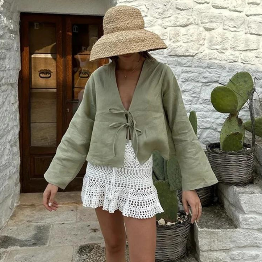 Celina - Linnen Blouse met Schattige Strikjes