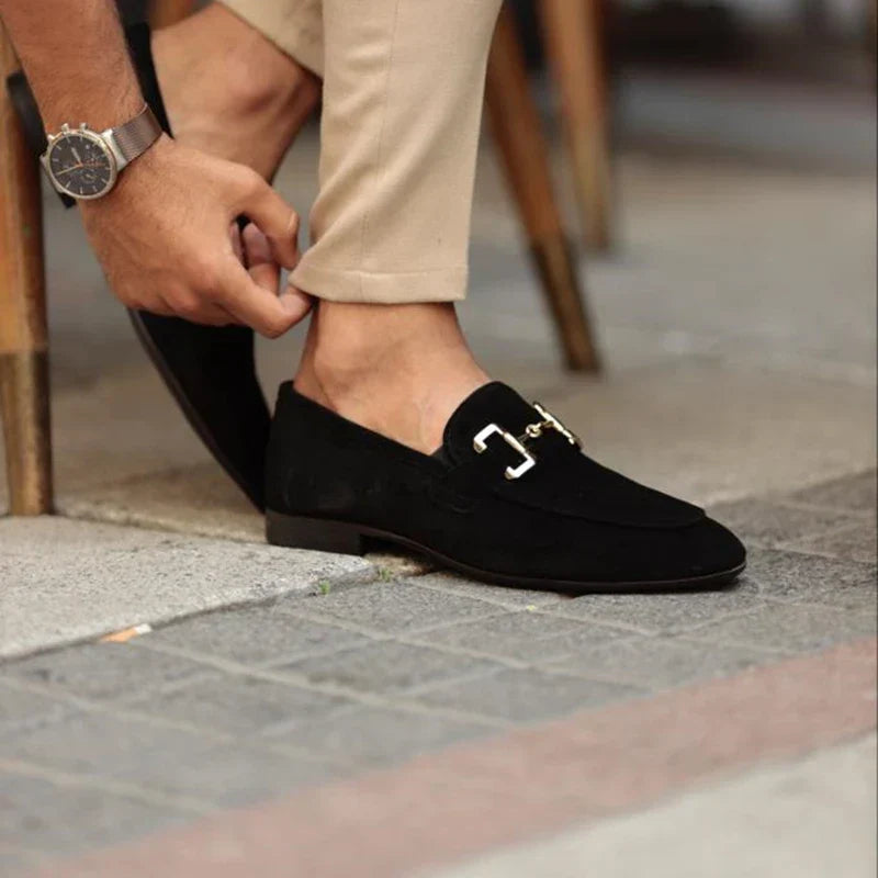 Heren Suède Loafers Instapper – Formele Herenschoenen met Goudkleurig Detail