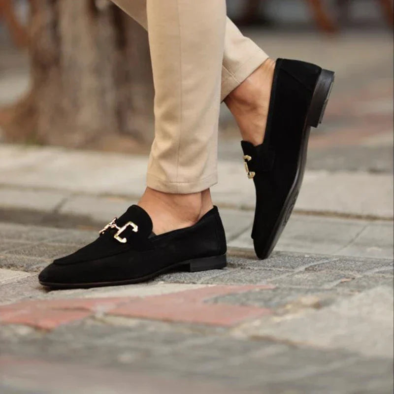 Heren Suède Loafers Instapper – Formele Herenschoenen met Goudkleurig Detail