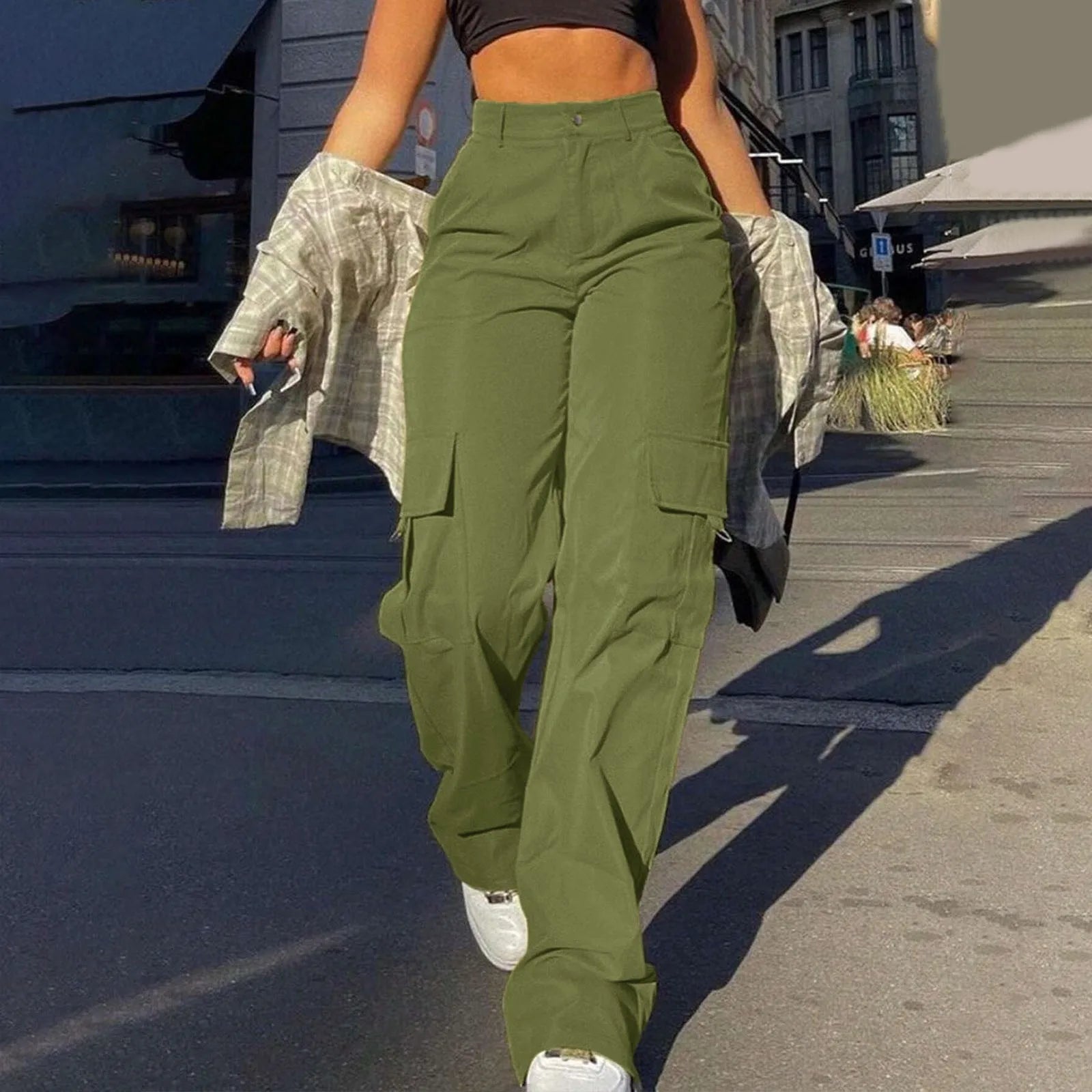Dames High-Waisted Cargo Broek – Wijde Pijpen, Geschikt voor Casual en Dagelijks Gebruik