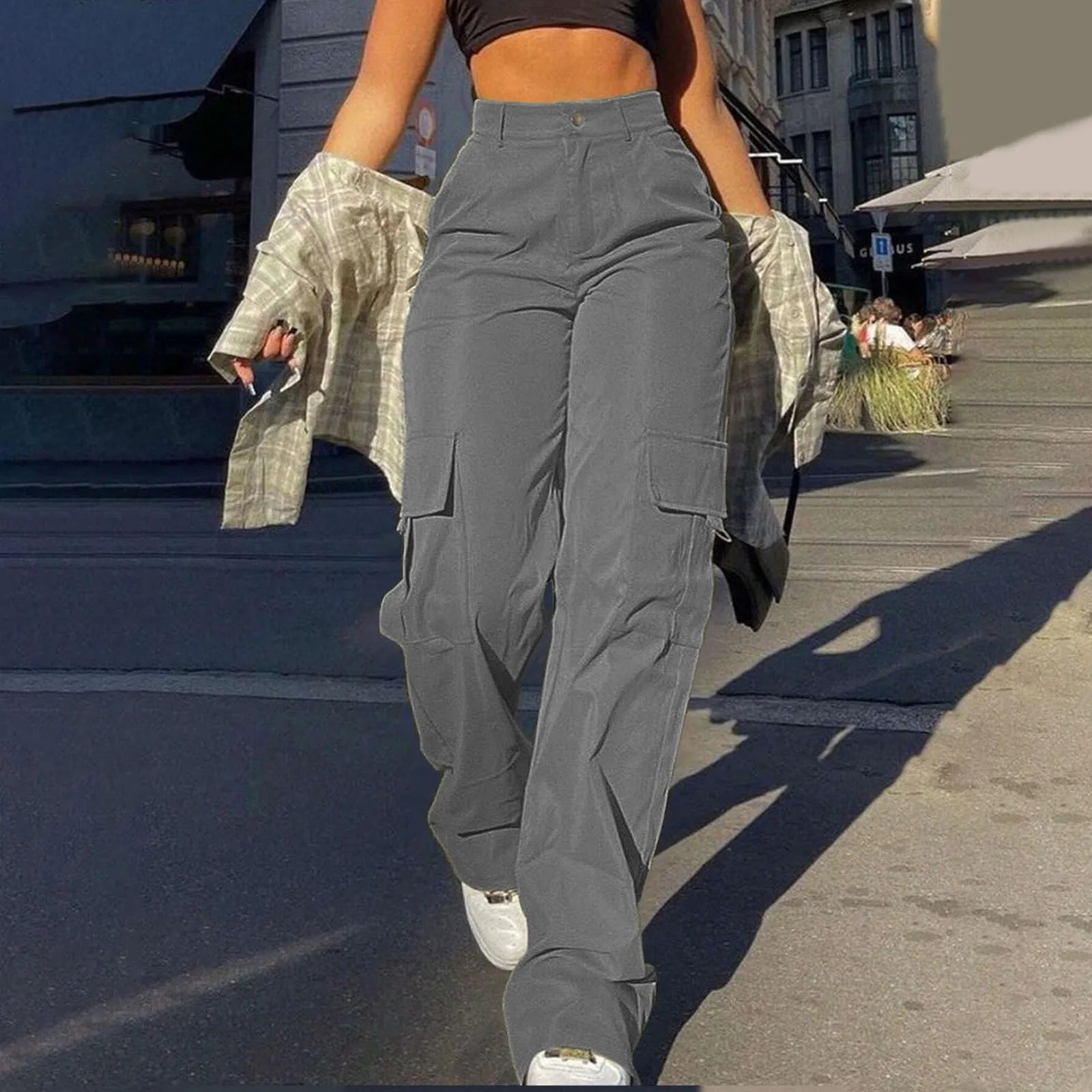 Dames High-Waisted Cargo Broek – Wijde Pijpen, Geschikt voor Casual en Dagelijks Gebruik