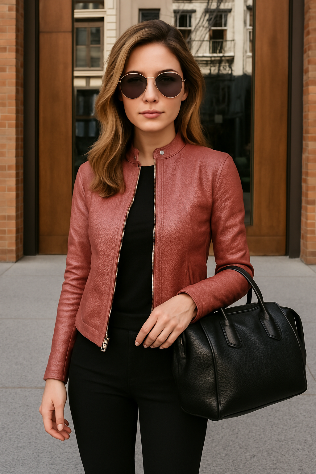 Dames Leren Jas Slim Fit met Rits en Opstaande Kraag