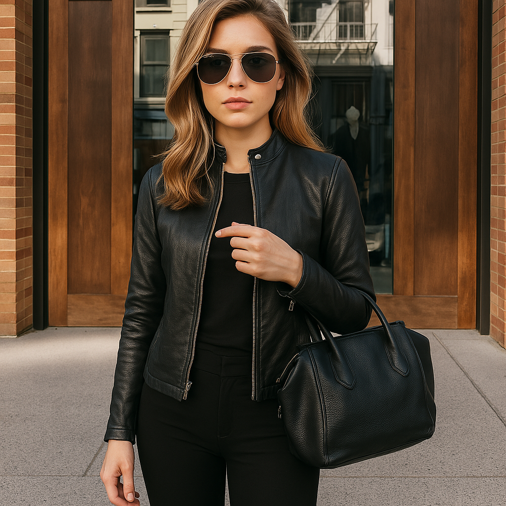 Dames Leren Jas Slim Fit met Rits en Opstaande Kraag
