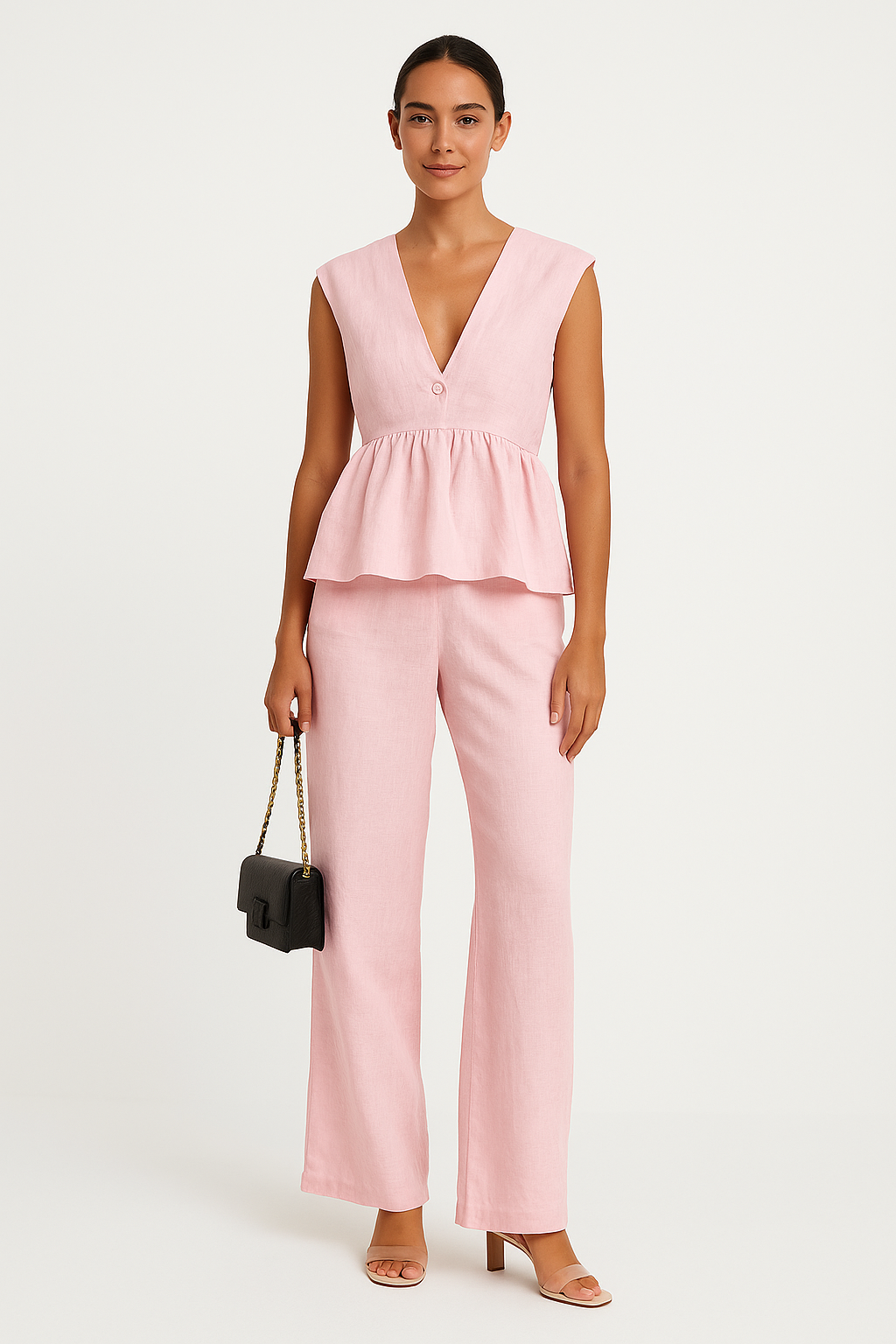 Camilla | Dames Tweedelige Set – Mouwloze Peplum Top met V-hals en Losse Lange Broek