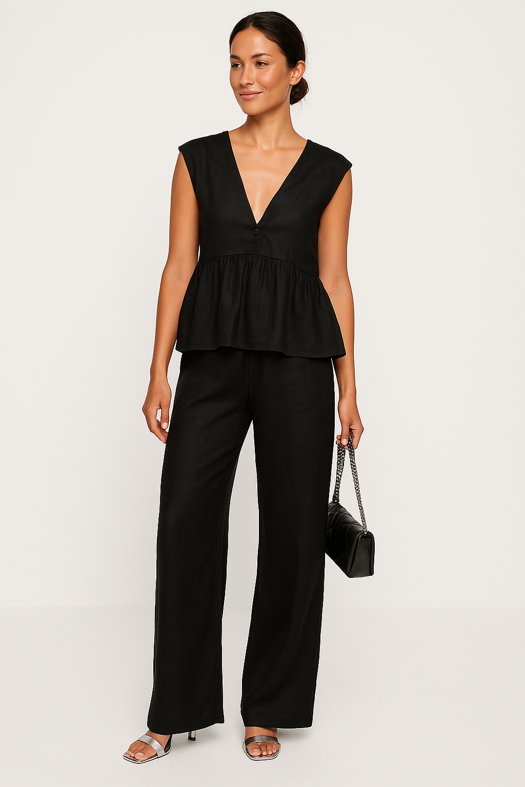 Camilla | Dames Tweedelige Set – Mouwloze Peplum Top met V-hals en Losse Lange Broek