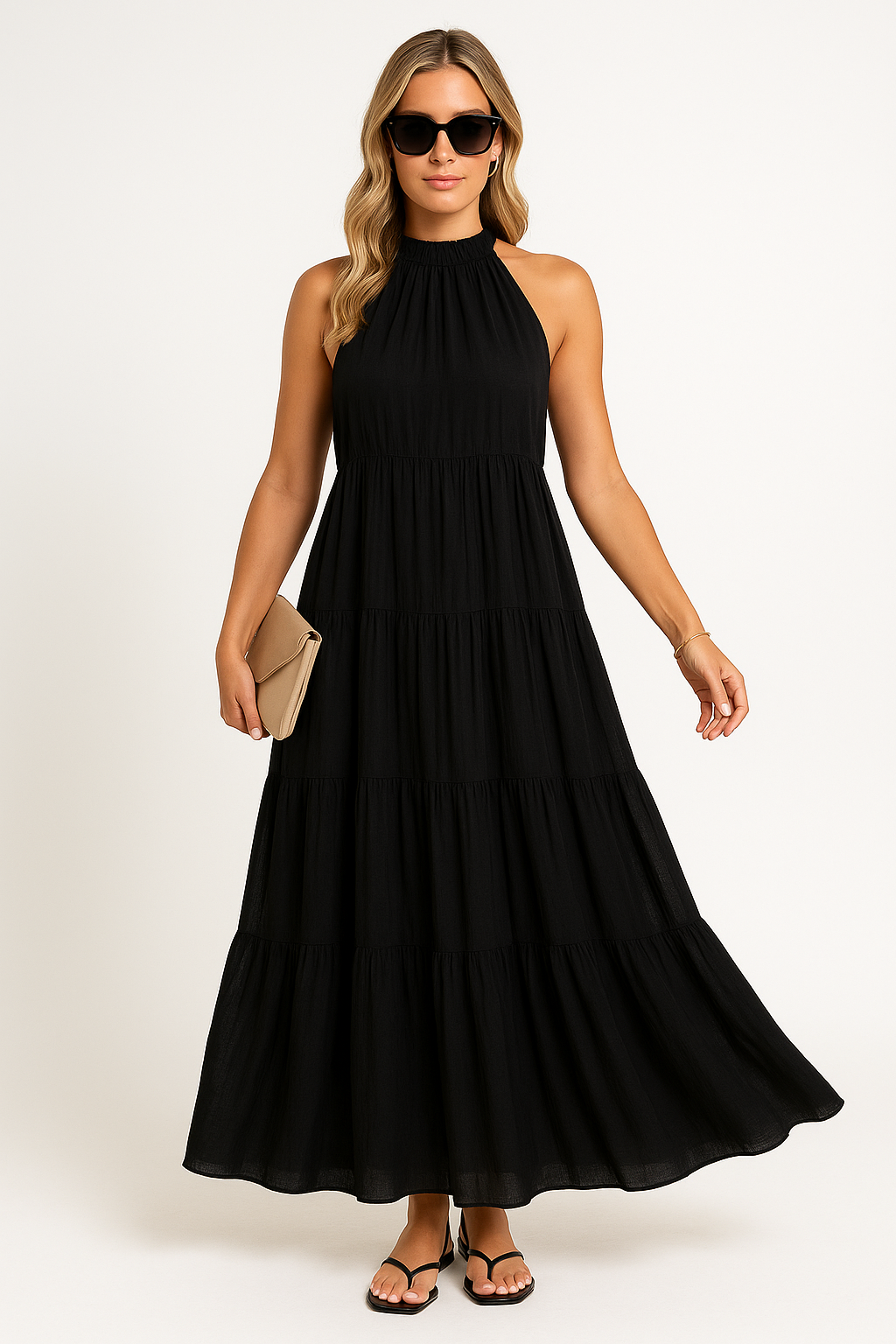 Claudia | Dames Halterjurk – Maxi Lengte, Gelaagde Rok, Ademend Materiaal