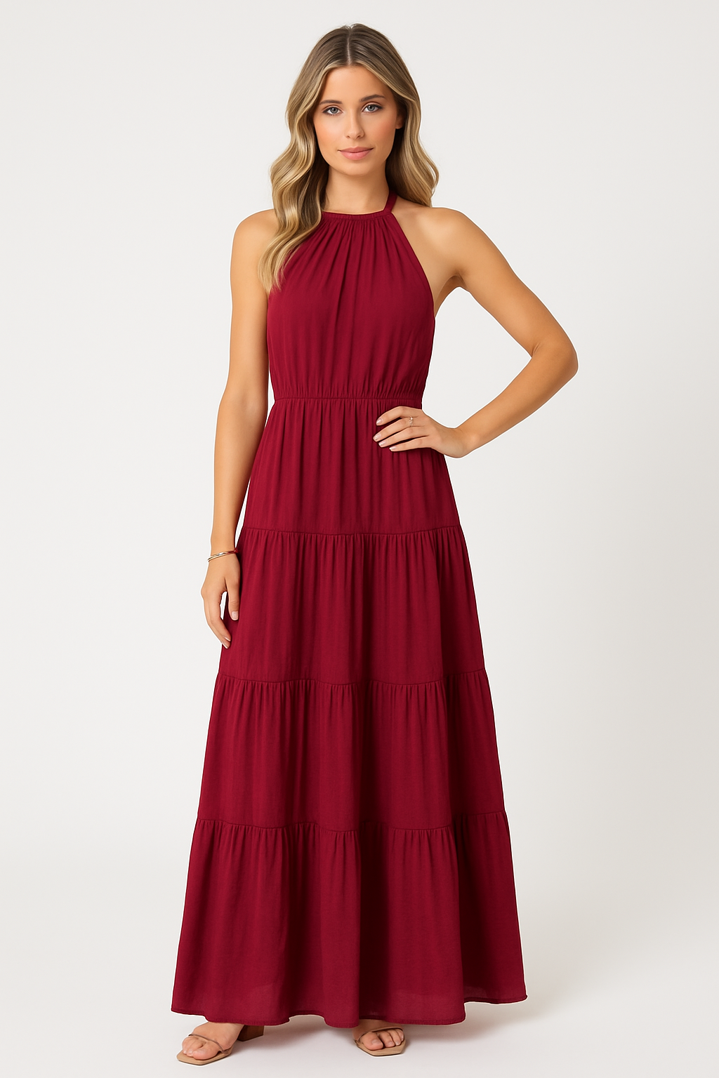 Claudia | Dames Halterjurk – Maxi Lengte, Gelaagde Rok, Ademend Materiaal
