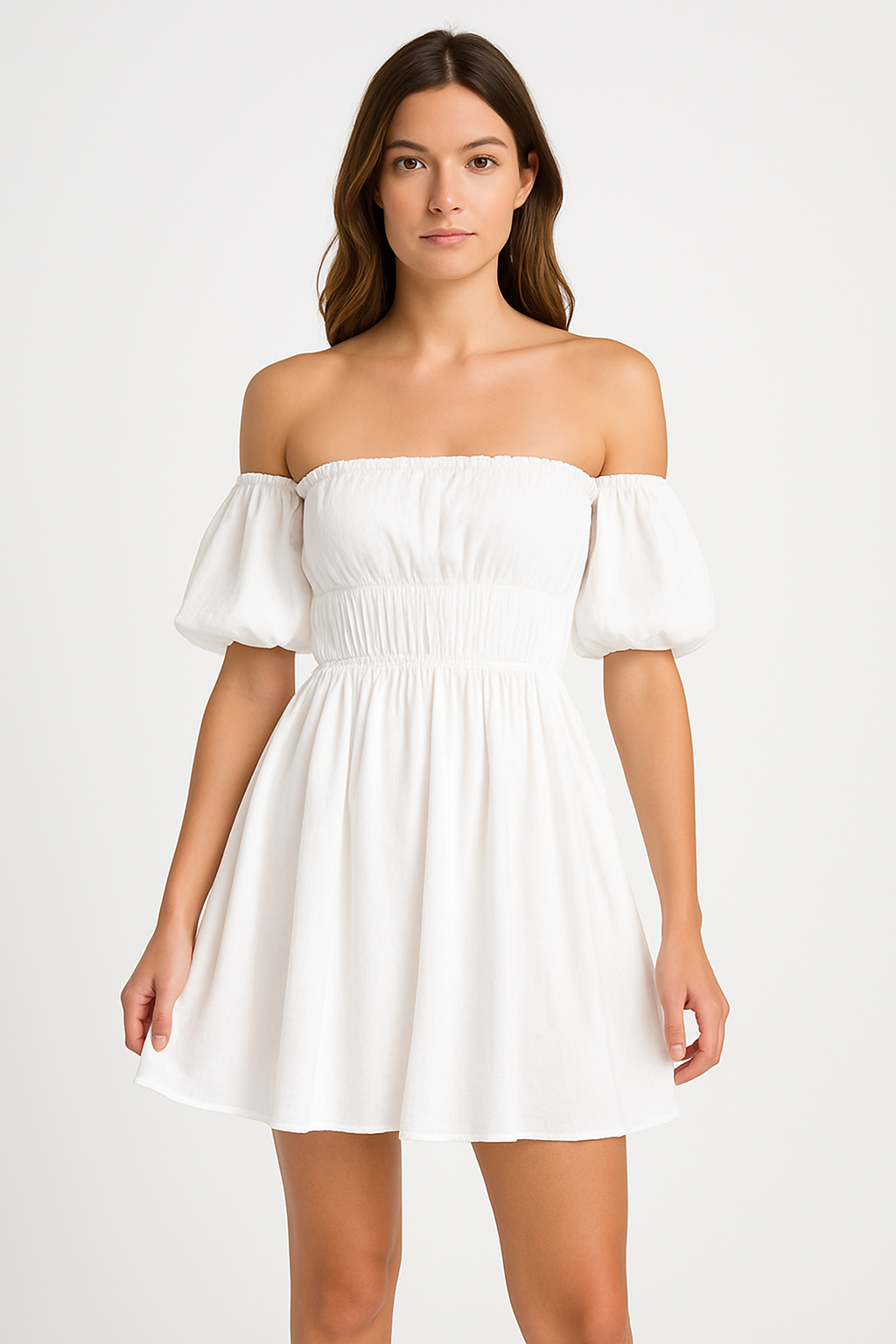 Asja | Dames Mini Jurk – Off-Shoulder, Puff Mouwen, Flared A-Lijn, Elastische Taille