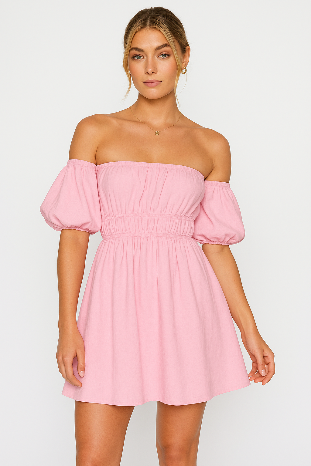 Asja | Dames Mini Jurk – Off-Shoulder, Puff Mouwen, Flared A-Lijn, Elastische Taille