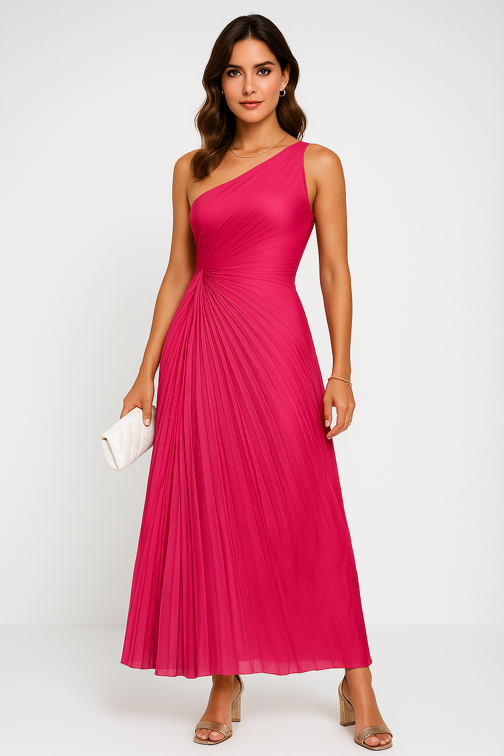 Christine | Dames Maxi Jurk – Eén Schouder, Elegante Pasvorm, Ruches Taille, Cut-Out Detail