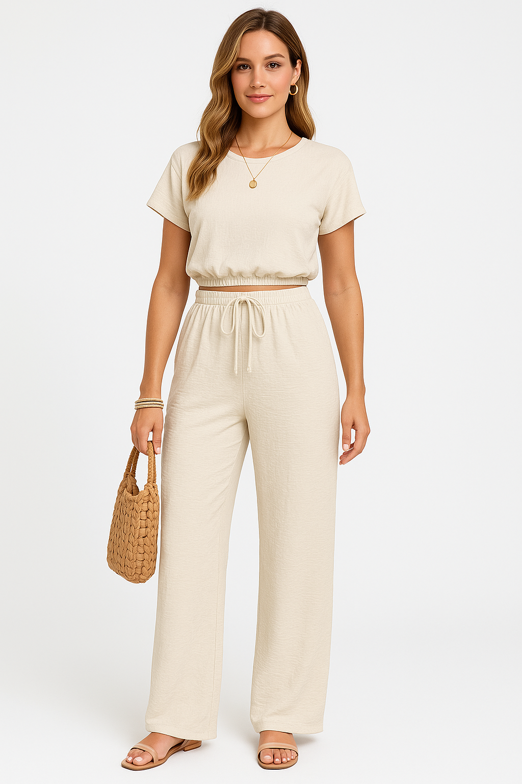 Cloë | Dames Tweedelige Set – Crop Top met Batwing Mouwen en Wijde Broek met Trekkoord