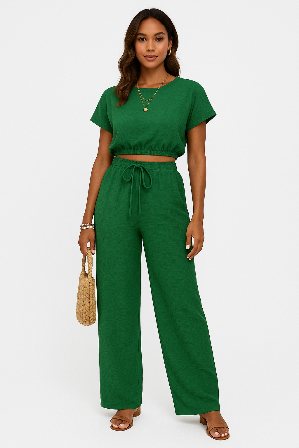 Cloë | Dames Tweedelige Set – Crop Top met Batwing Mouwen en Wijde Broek met Trekkoord