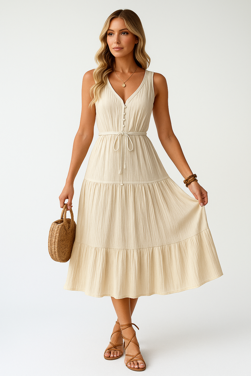 Arja | Dames Midi Jurk – Mouwloos, V-Hals, Relaxte Pasvorm, Gelaagde Rok