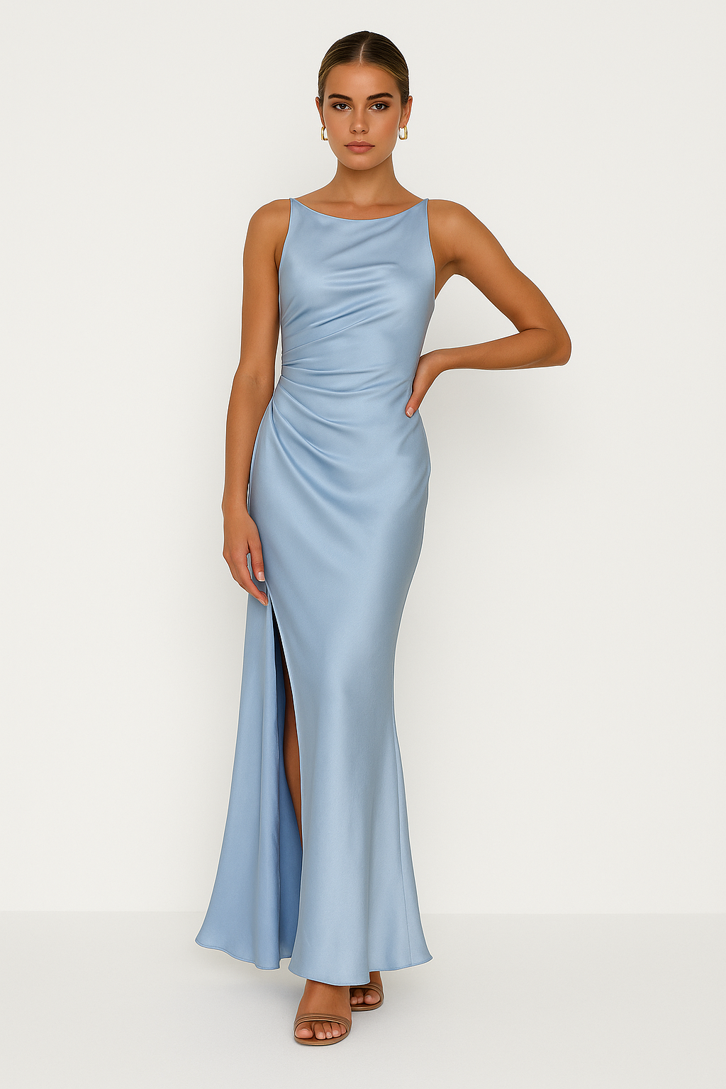 Drena | Dames Midi Jurk - Slim Fit, Spaghettibandjes, Drapé Halslijn, Luxe Glanzende Stof