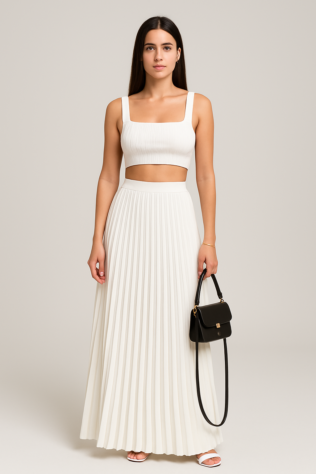 Mette | Dames Set Top en Plissé Maxi Rok – Slim Fit Gebreide Crop Top – Zachte Stretchstof