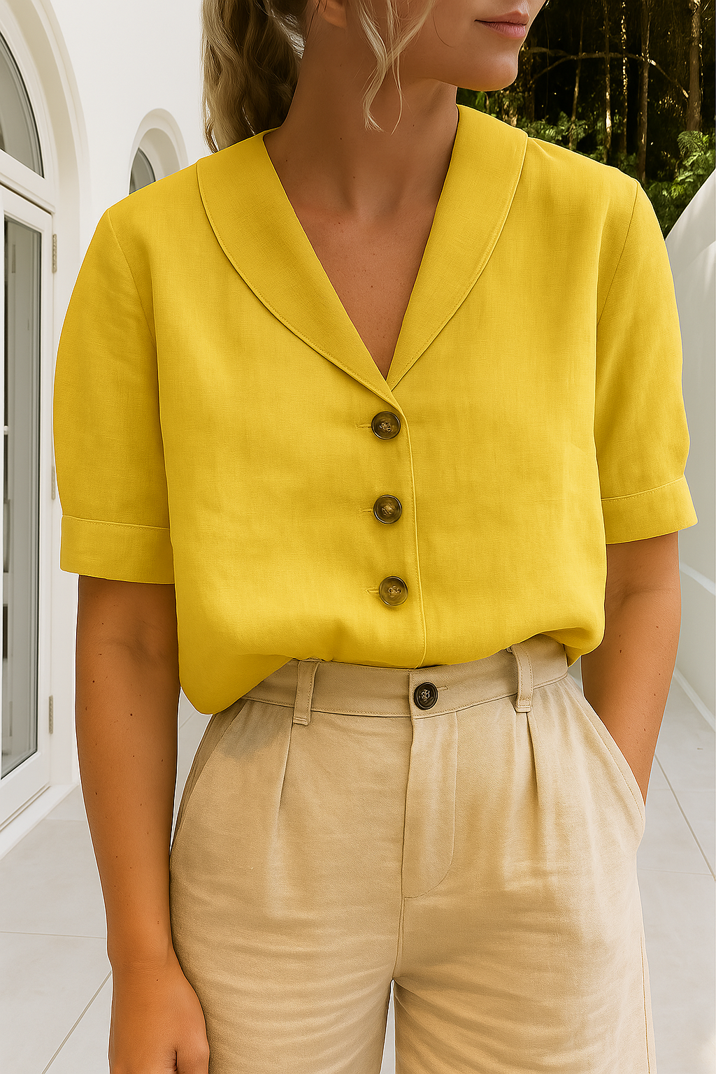 Dames T-shirt – Luchtige Katoen-Linnenmix met Elegante Envelophals