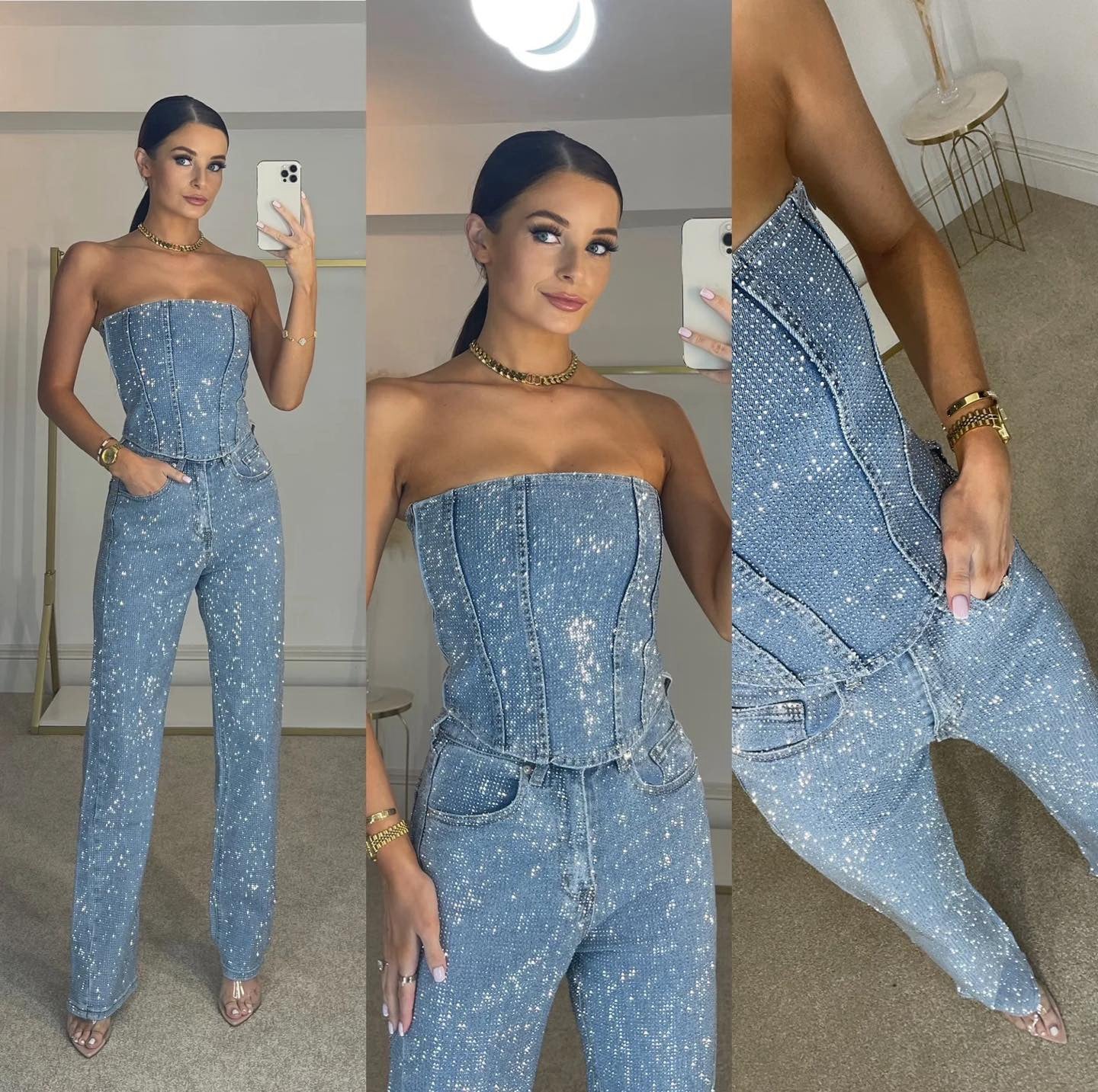 Dames Denim Glitter Jumpsuit – Getailleerd, Casual