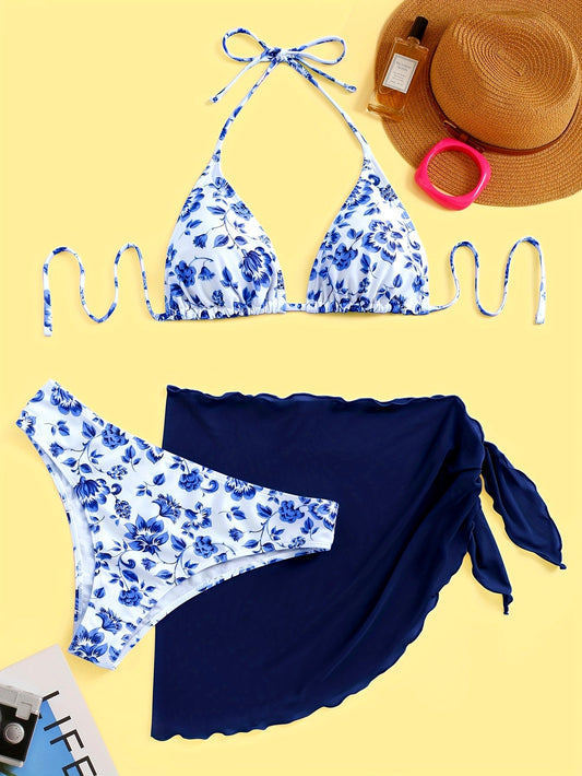 Chique Bikini Set met Bloemenprint en Halternek | Blauw/Wit
