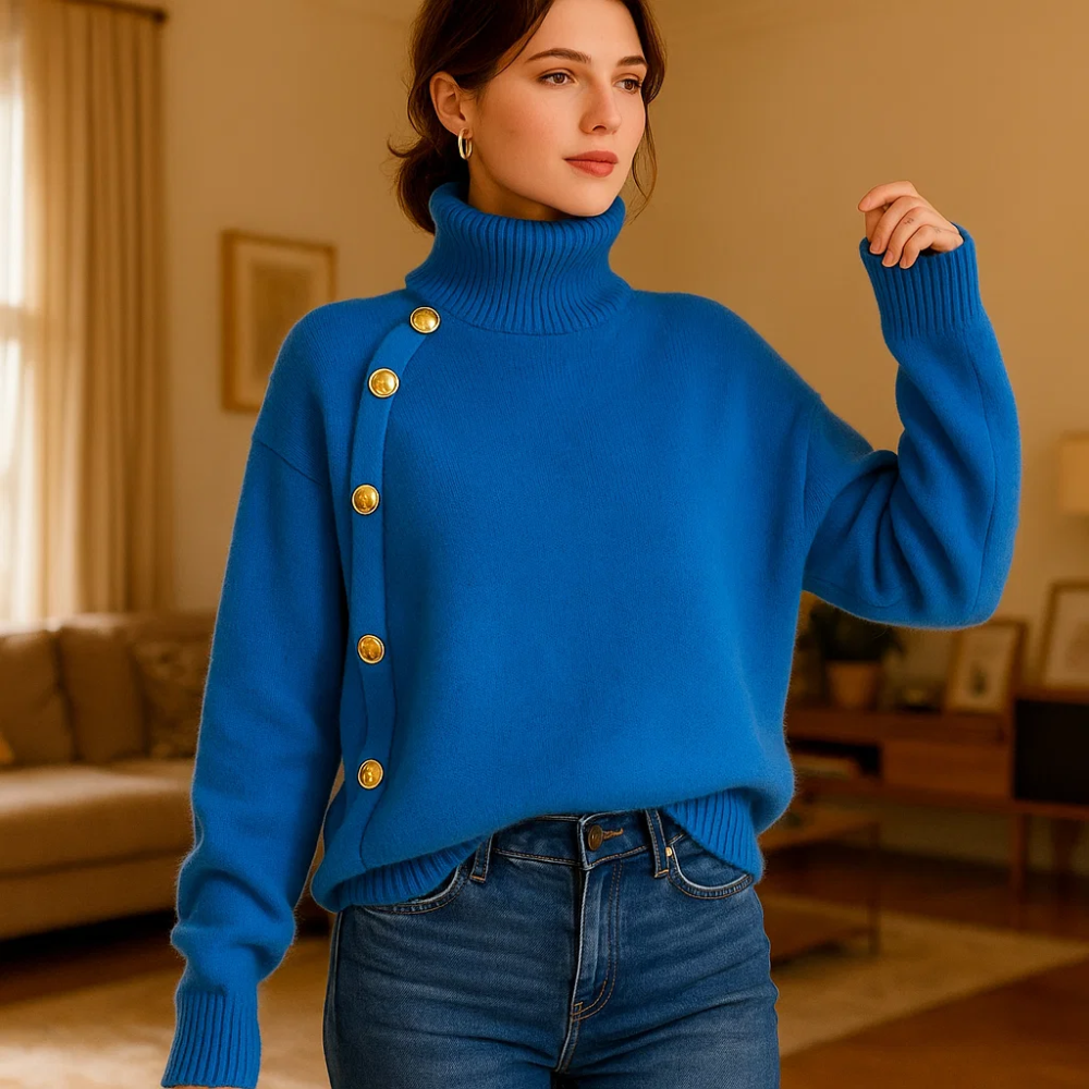 Dames Trui met Knopen – Effen Beige, Ronde Hals, Casual Knitwear voor Herfst en Winter