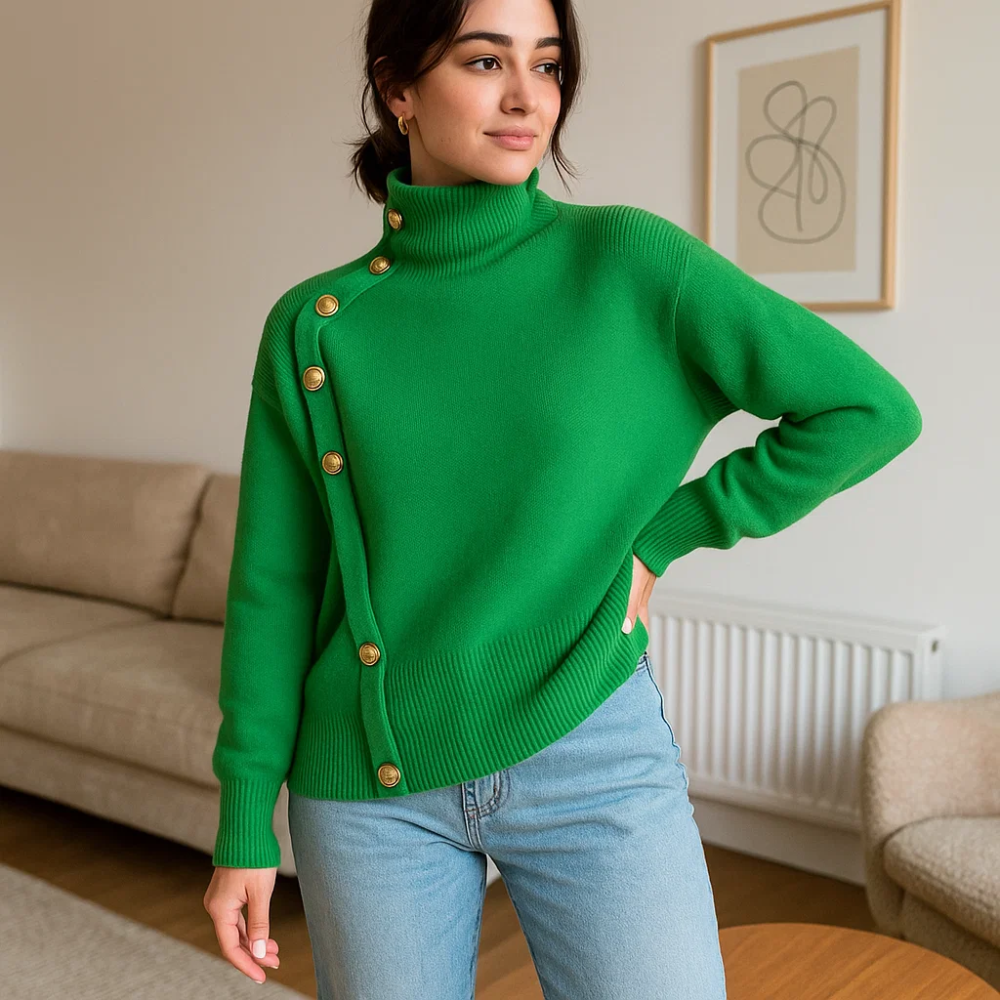 Dames Trui met Knopen – Effen Beige, Ronde Hals, Casual Knitwear voor Herfst en Winter