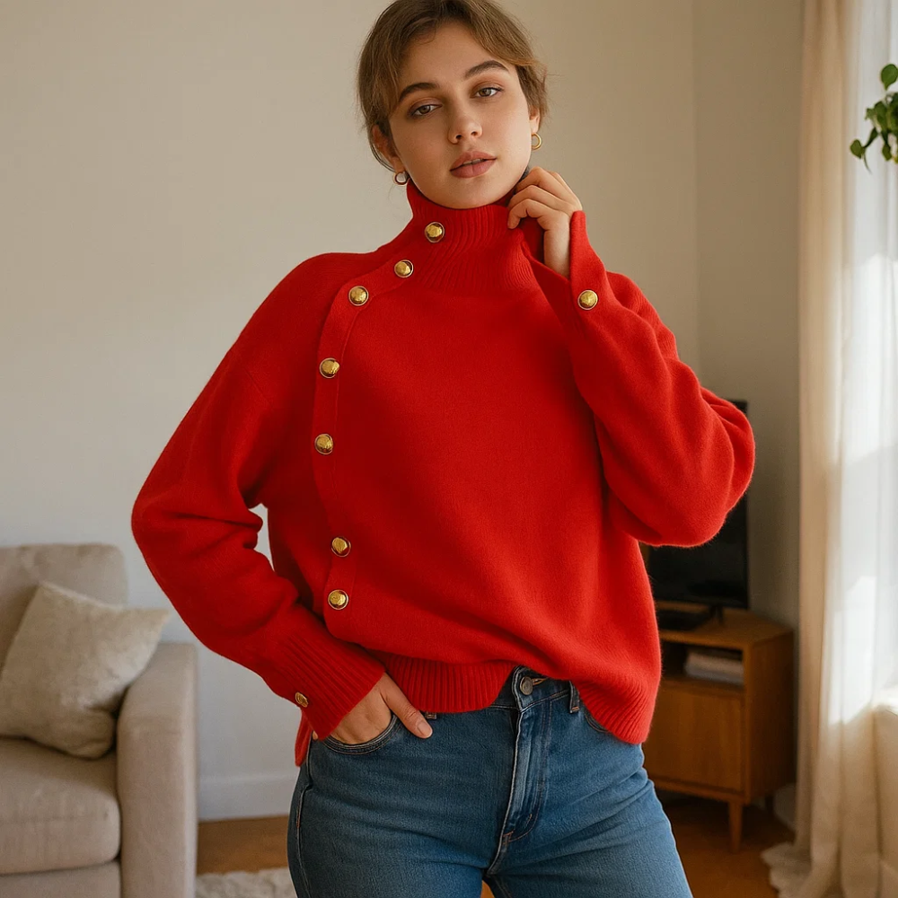 Dames Trui met Knopen – Effen Beige, Ronde Hals, Casual Knitwear voor Herfst en Winter