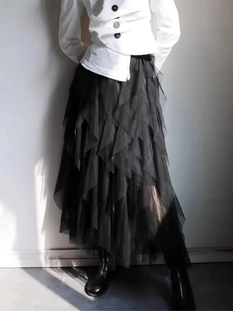 Gitta | Dames Midi Rok – Hoog Getailleerd – Gelaagde Mesh & Ruches