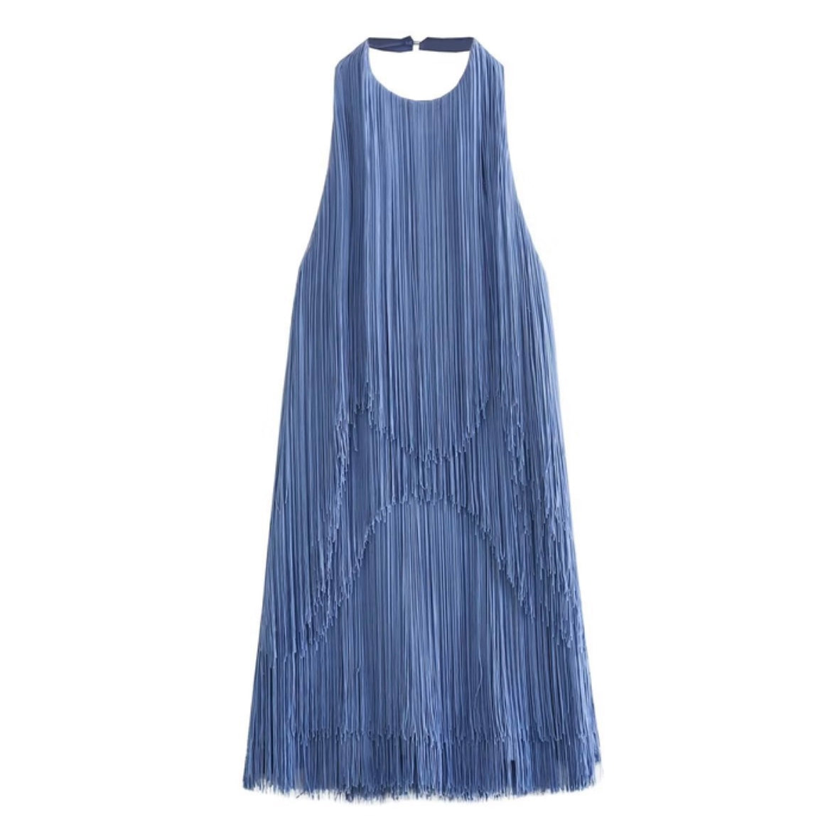 Blauwe Jurk met Fransjes en Open Rug