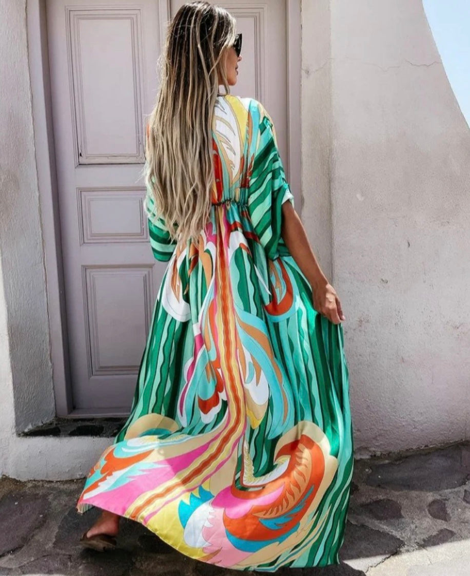 Hinke | Dames Maxi Jurk – Relaxed Fit – V-hals – Tailleband – Knoopsluiting – Abstracte Print