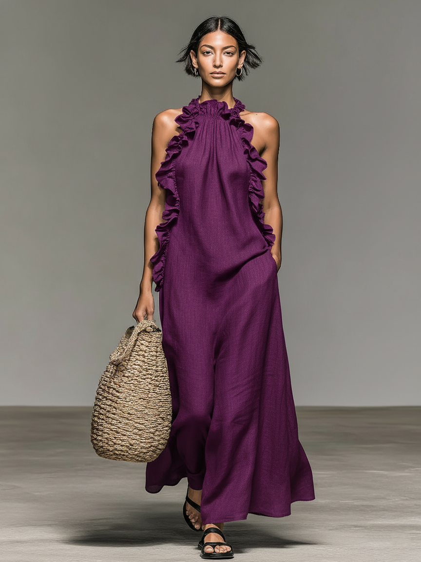 Dames Maxi Jurk met Volant Mouwloos Zomerjurk