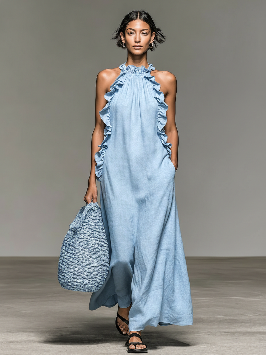 Dames Maxi Jurk met Volant Mouwloos Zomerjurk