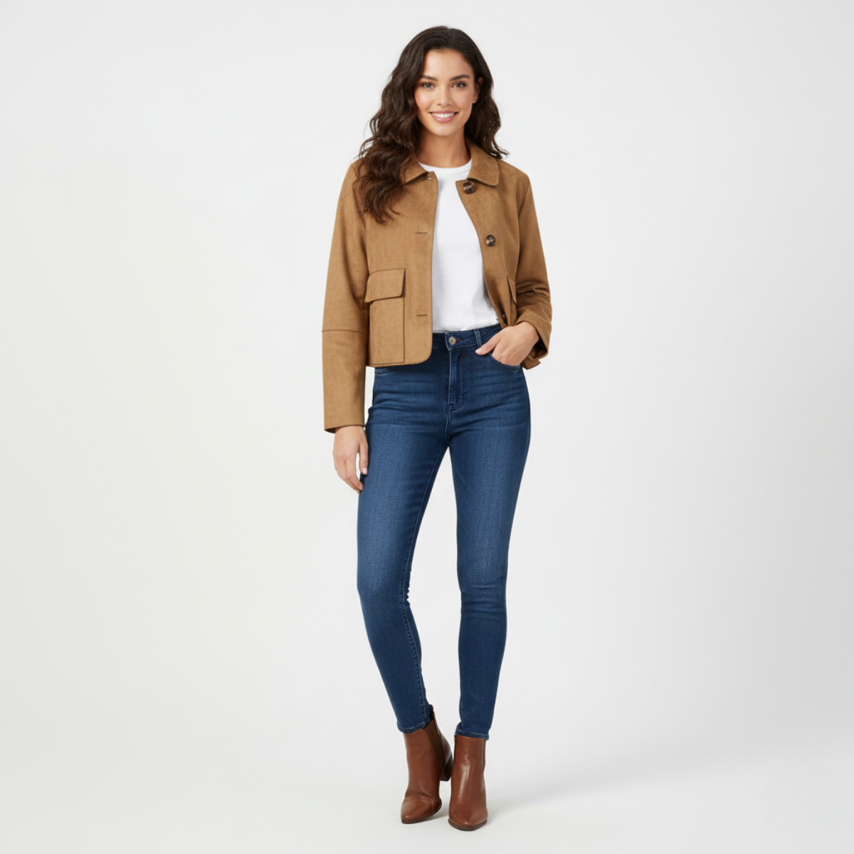 Getailleerd suede damesjasje | Kort jasje met klassieke kraag