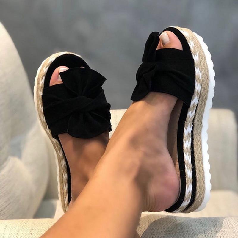 Platform Sandalen met Strik | Dames sandalen met gevlochten zool en vrouwelijke look