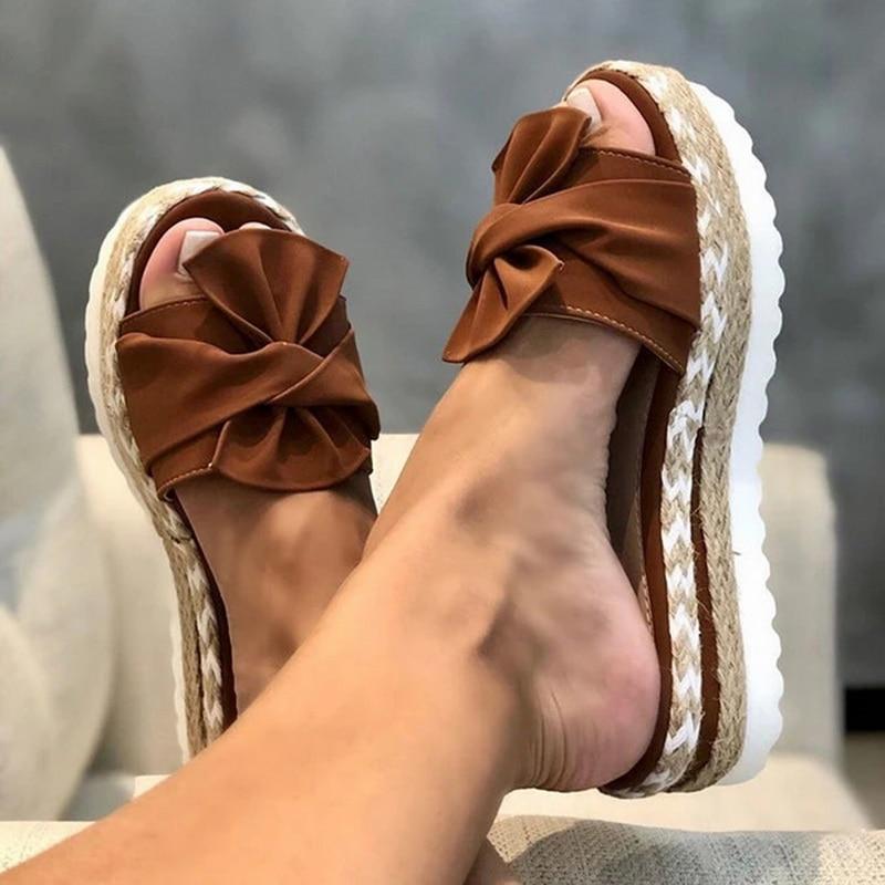 Platform Sandalen met Strik | Dames sandalen met gevlochten zool en vrouwelijke look
