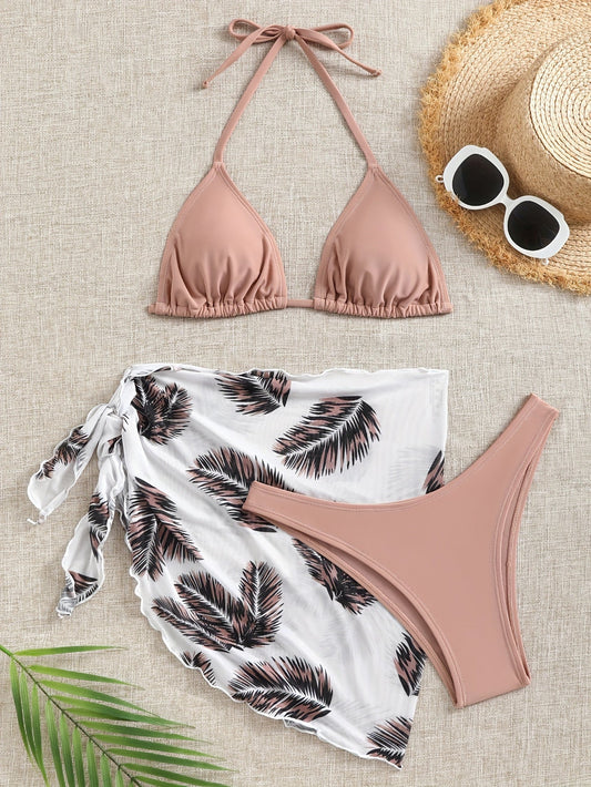 Elegante Halter Nek Bikini Set met Mesh Cover-up Rok