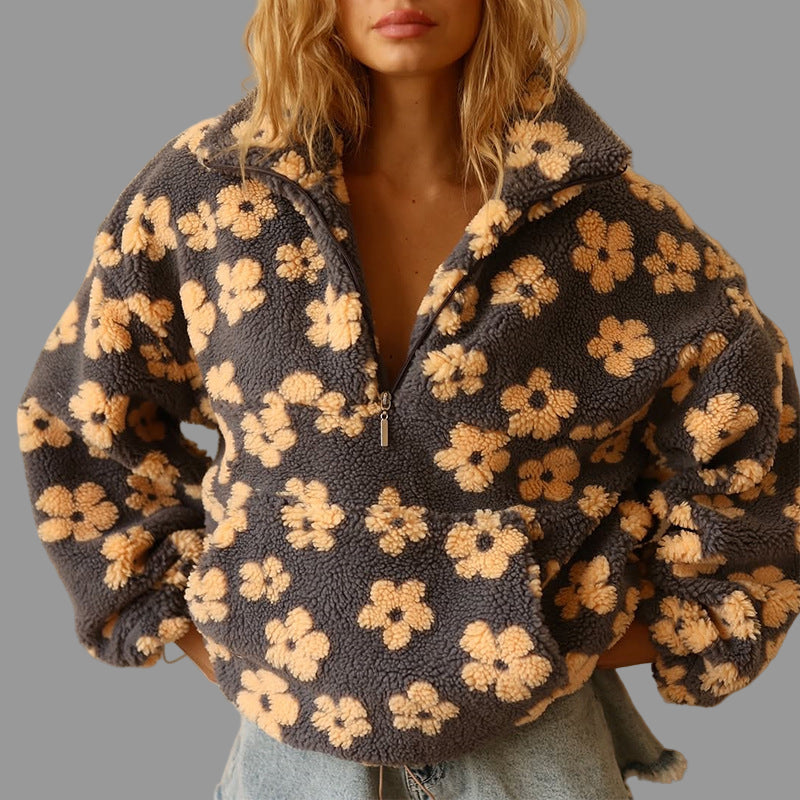 Dames Oversized Sherpa Trui – Bohemian Bloemenprint, Warm en Casual voor Herfst en Winter