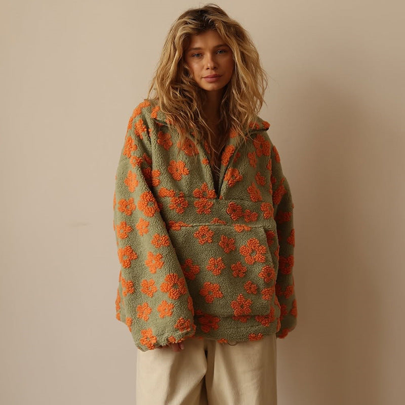 Dames Oversized Sherpa Trui – Bohemian Bloemenprint, Warm en Casual voor Herfst en Winter